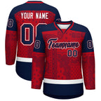Custom Navy Red White Cashew Flower Graffiti Pattern V-Neck Hockey Jersey