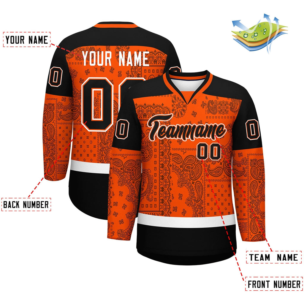 Custom Orange Black White Cashew Flower Graffiti Pattern V-Neck Hockey Jersey