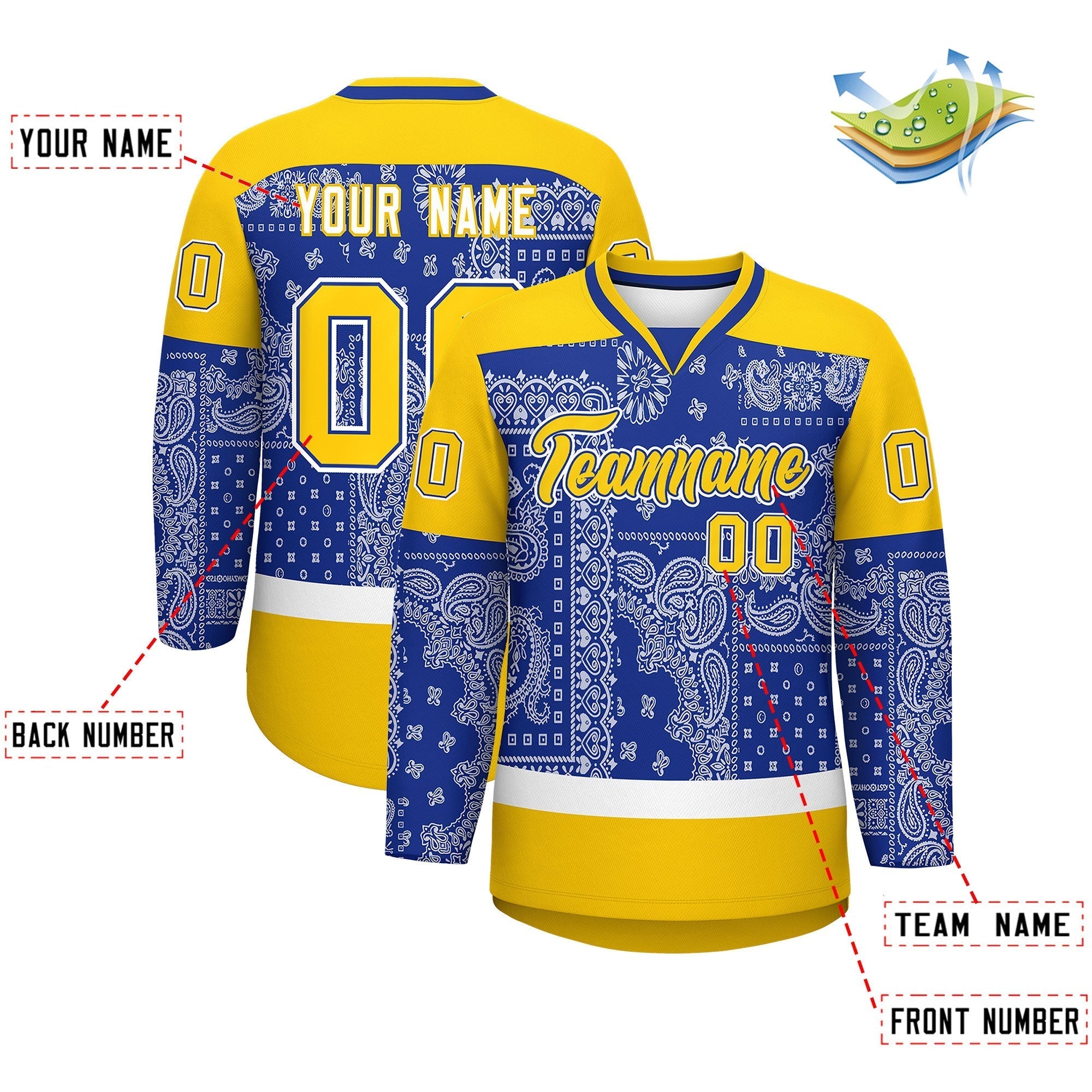 Custom Gold Royal White Cashew Flower Graffiti Pattern V-Neck Hockey Jersey