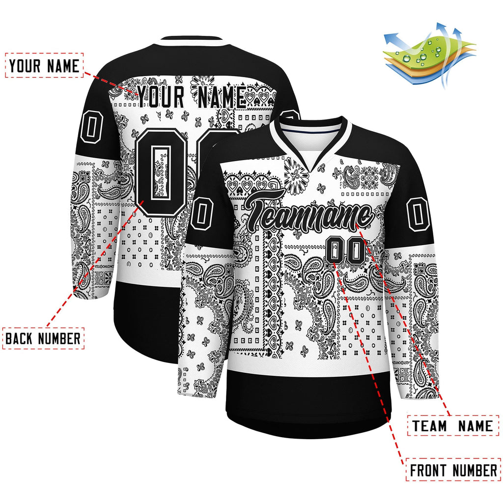 Custom Black White Cashew Flower Graffiti Pattern V-Neck Hockey Jersey
