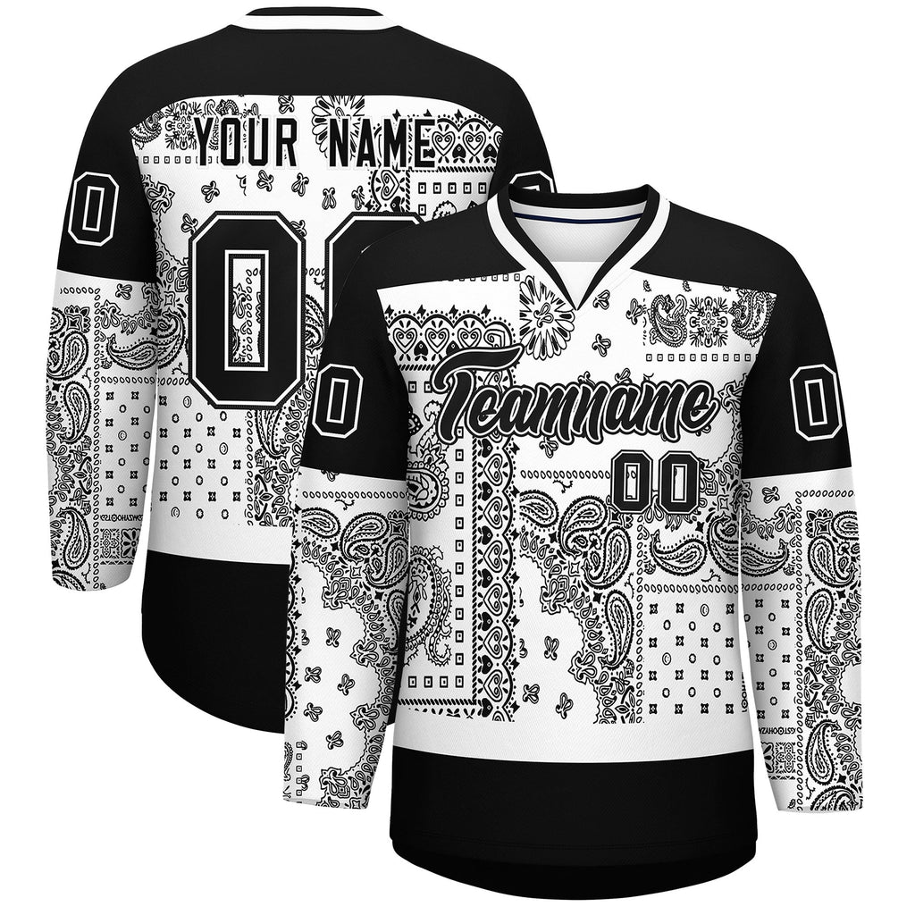 Custom Black White Cashew Flower Graffiti Pattern V-Neck Hockey Jersey