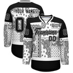 Custom Black White Cashew Flower Graffiti Pattern V-Neck Hockey Jersey