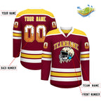 Custom Crimson Gold Ice Cream Helmet Pattern Personalized V-Neck Hockey Jersey