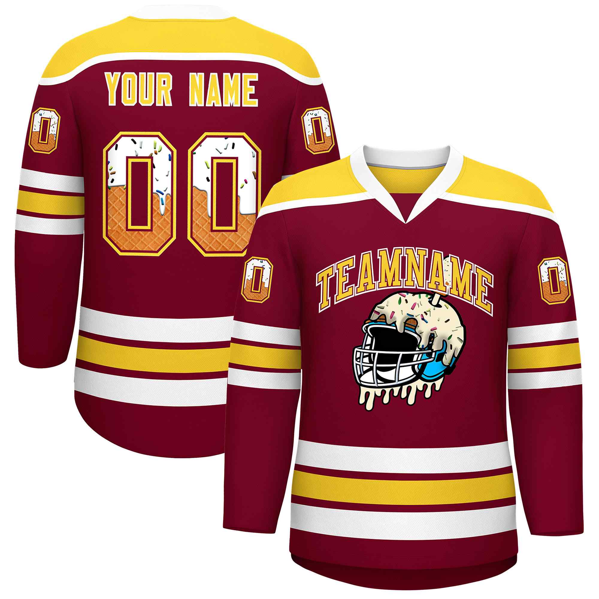Custom Crimson Gold Ice Cream Helmet Pattern Personalized V-Neck Hockey Jersey