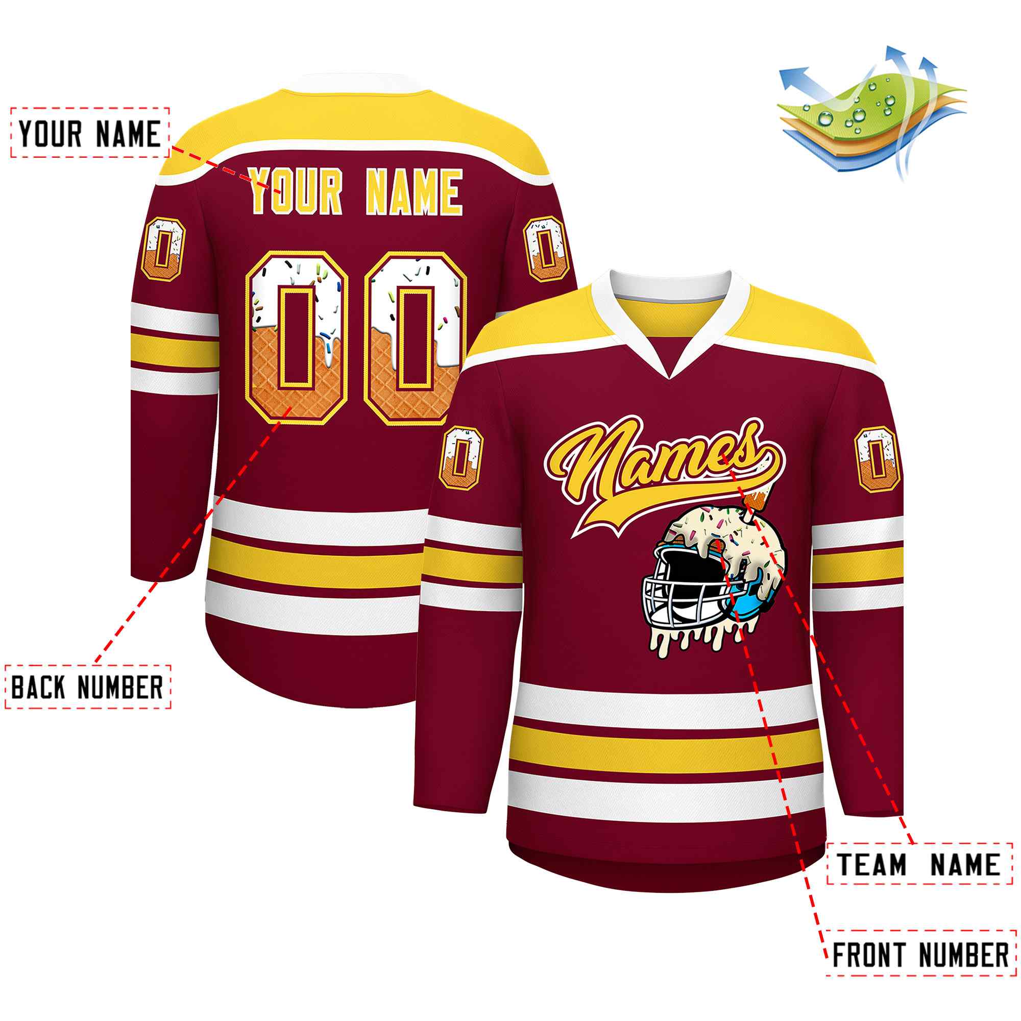 Custom Crimson Gold Ice Cream Helmet Pattern Personalized V-Neck Hockey Jersey