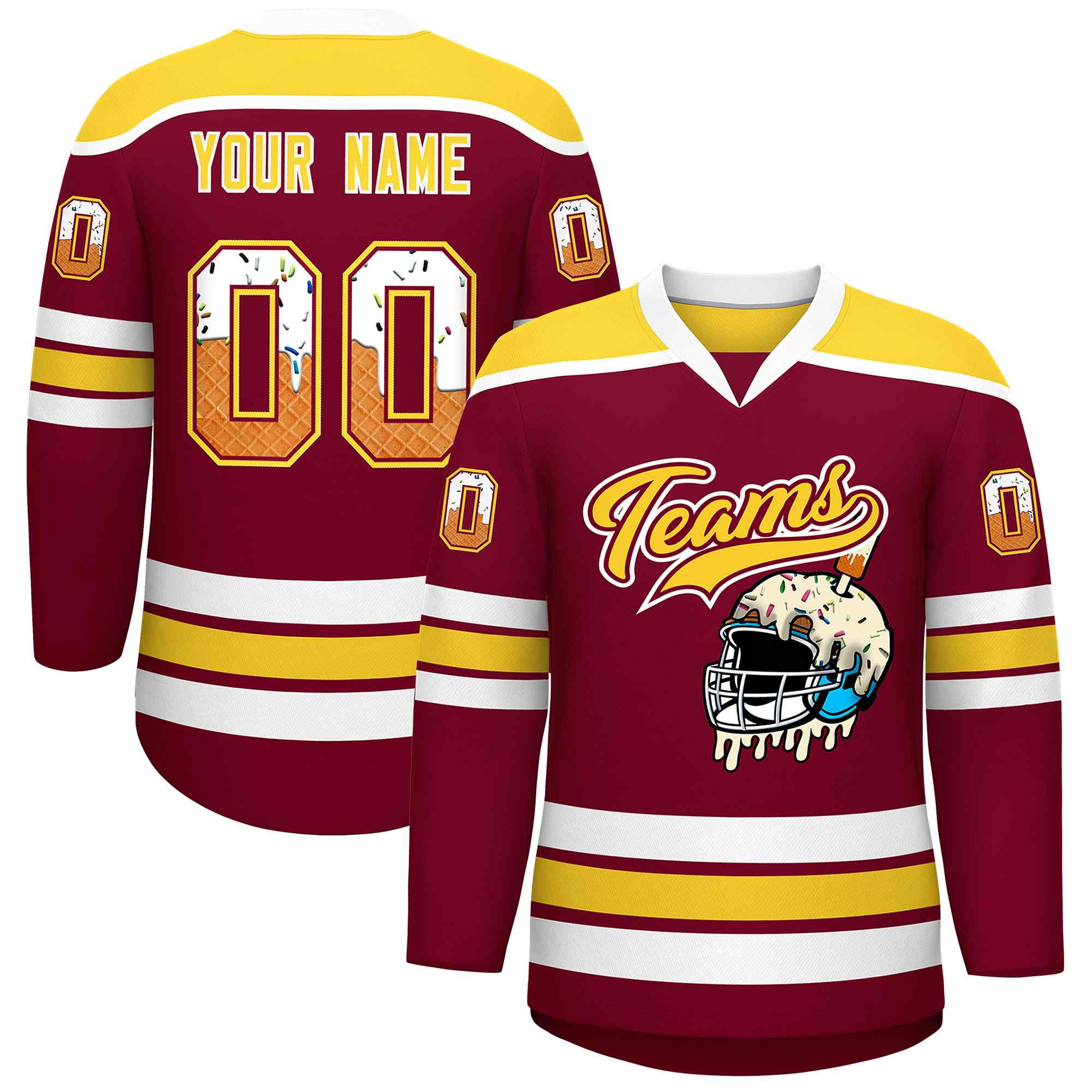 Custom Crimson Gold Ice Cream Helmet Pattern Personalized V-Neck Hockey Jersey