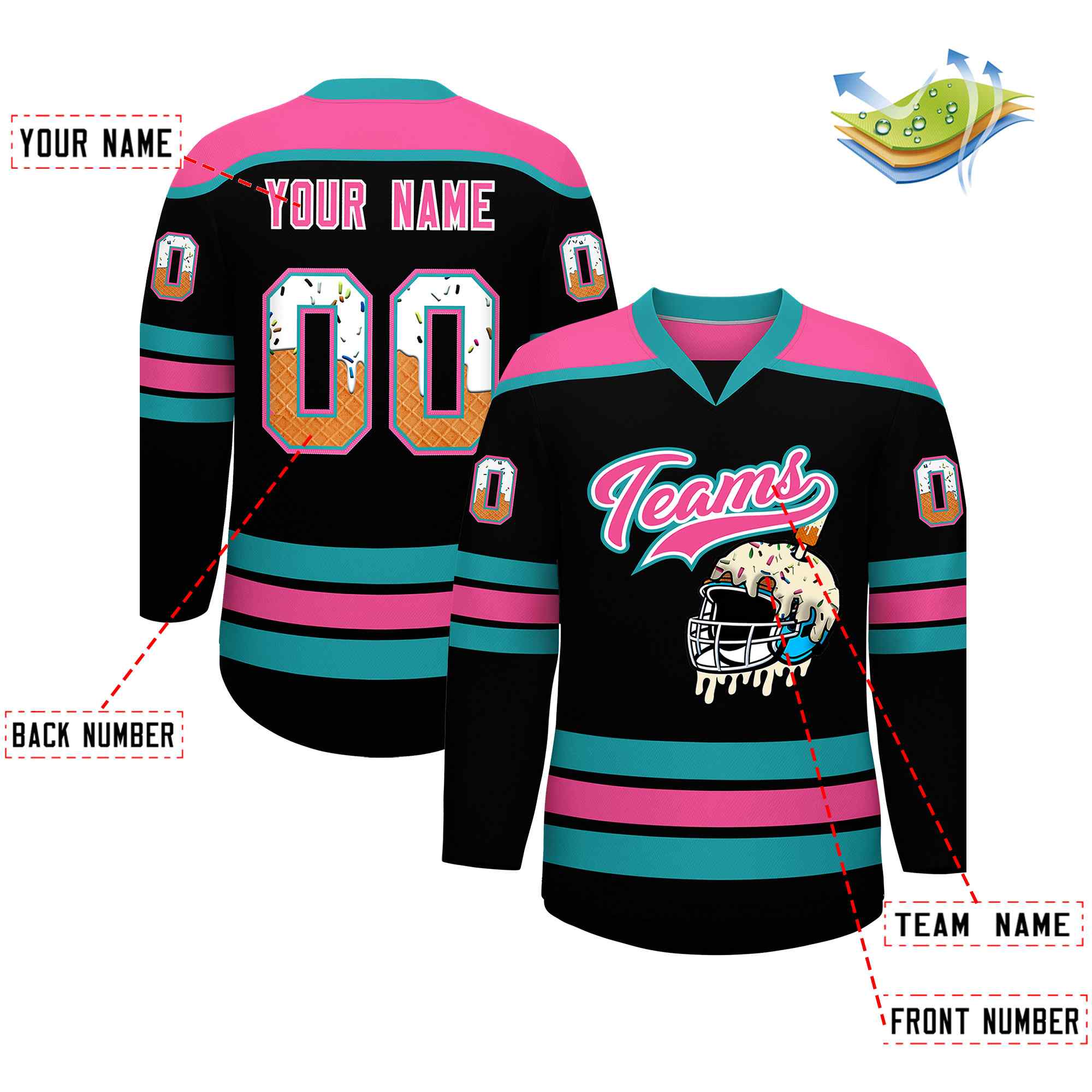 Custom Black Pink Ice Cream Helmet Pattern Personalized V-Neck Hockey Jersey