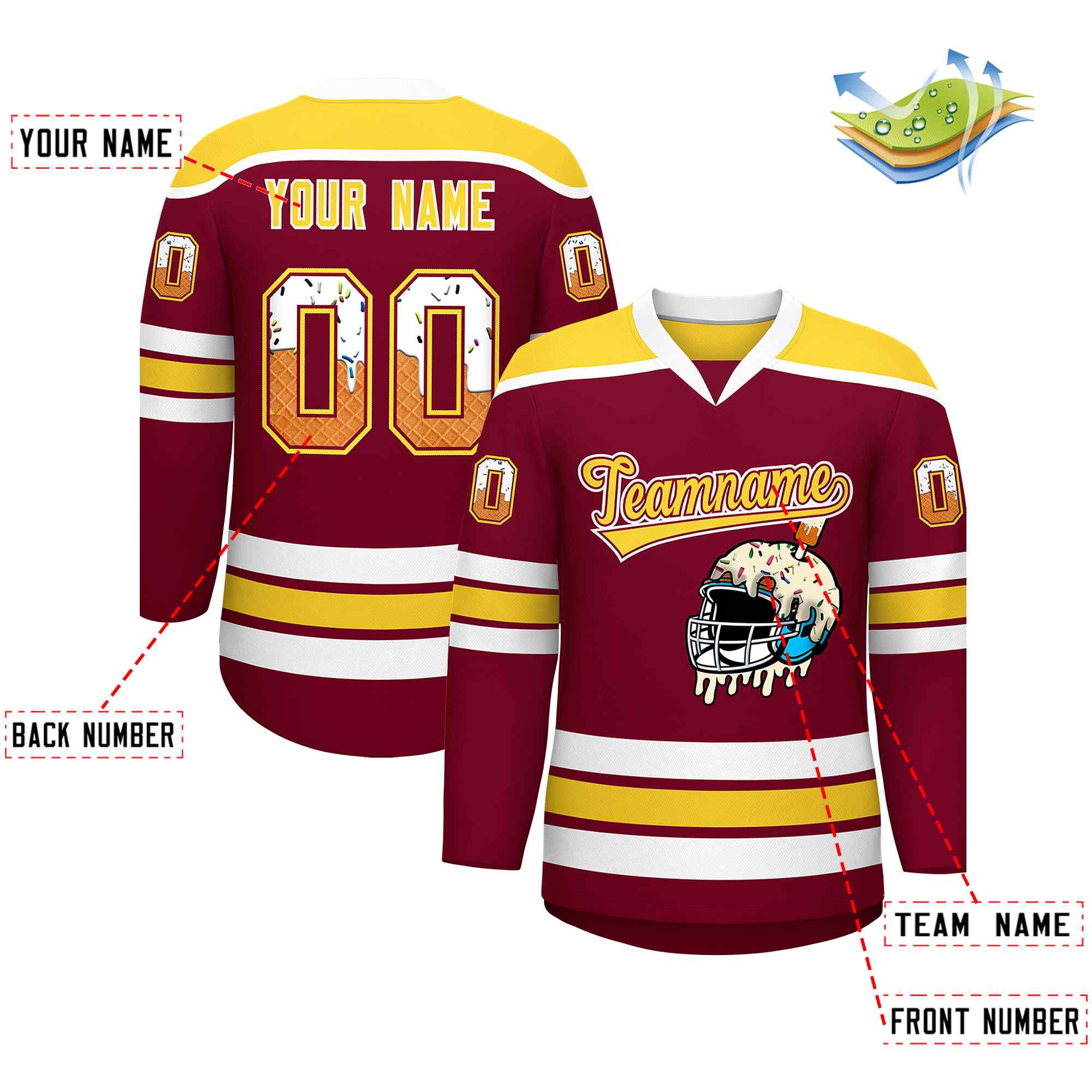 Custom Crimson Gold Ice Cream Helmet Pattern Personalized V-Neck Hockey Jersey Secondary image