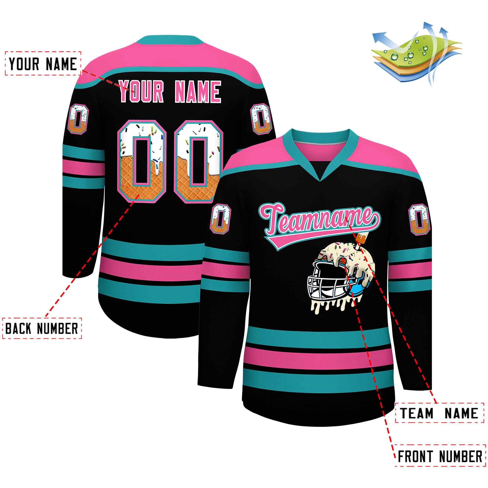 Custom Black Pink Ice Cream Helmet Pattern Personalized V-Neck Hockey Jersey Secondary image