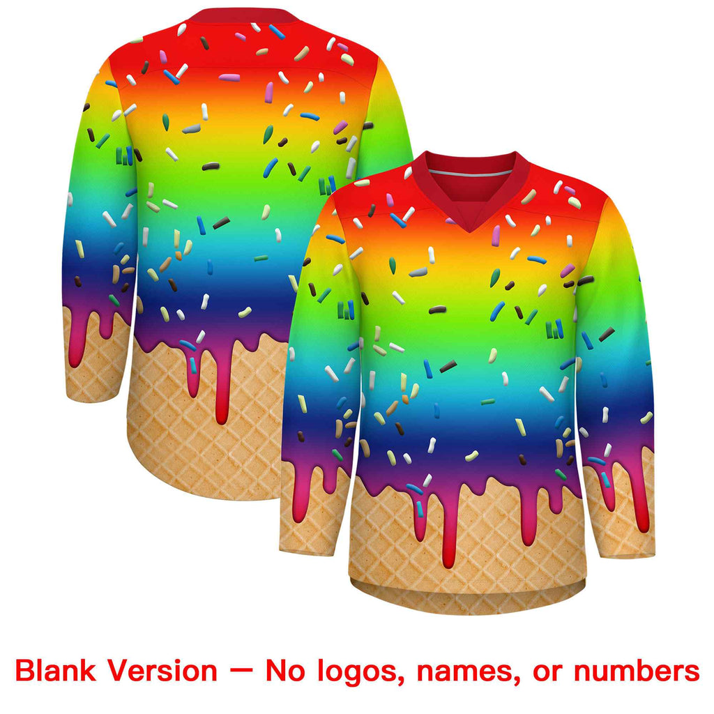 Custom Rainbow White Ice Cream Pattern Personalized V-Neck Hockey Jersey