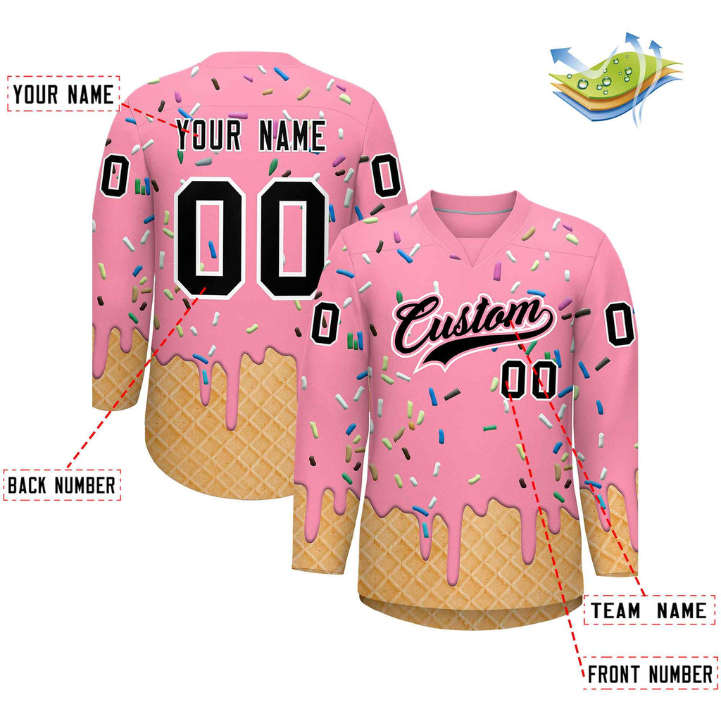 Custom Light Pink Black Ice Cream Pattern Personalized V-Neck Hockey Jersey