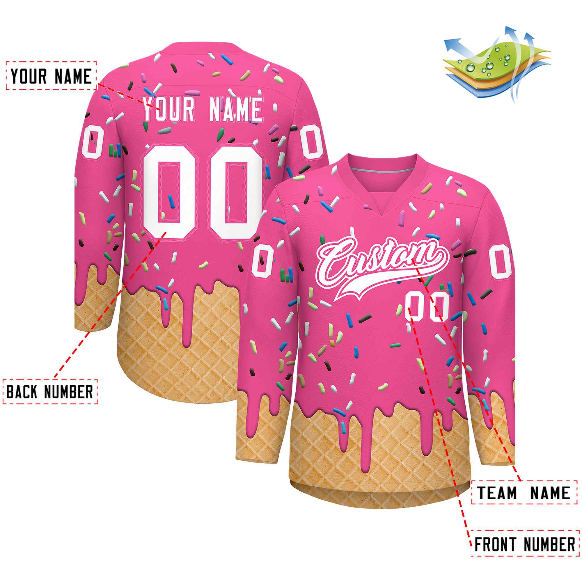Custom Pink White Ice Cream Pattern Personalized V-Neck Hockey Jersey