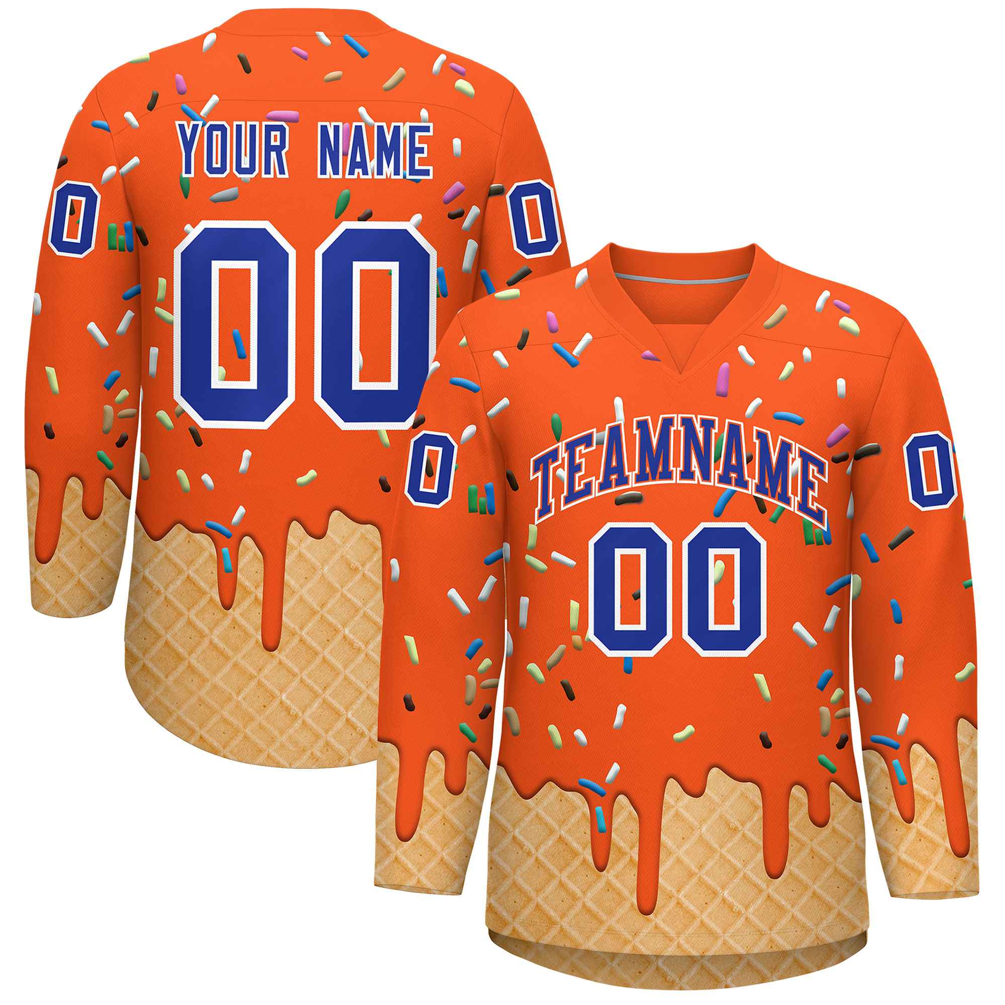 Custom Orange Royal Blue Ice Cream Pattern Personalized V-Neck Hockey Jersey