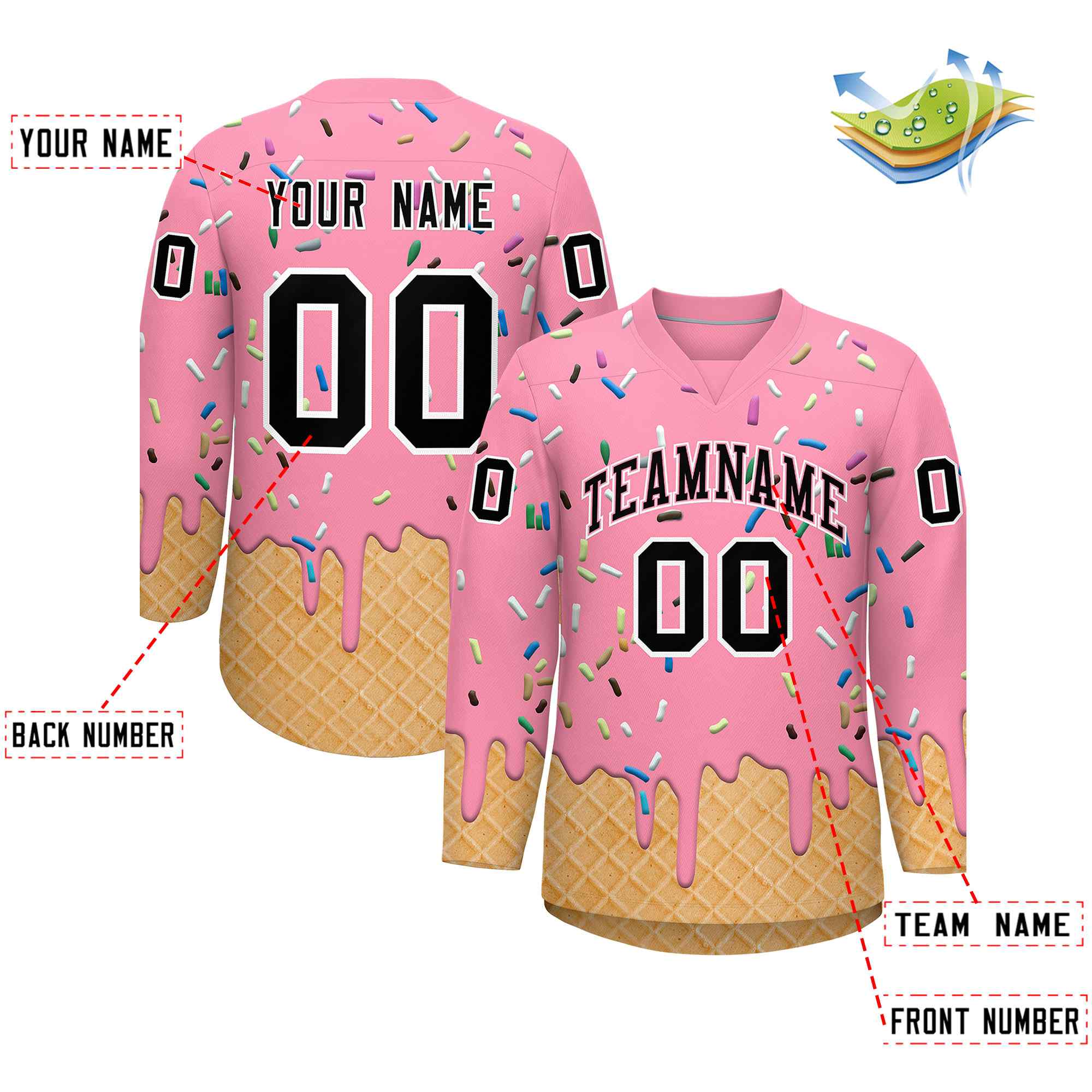Custom Light Pink Black Ice Cream Pattern Personalized V-Neck Hockey Jersey