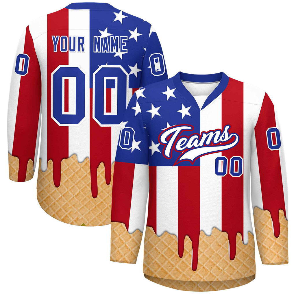 Custom American Flag White Ice Cream Pattern Personalized V-Neck Hockey Jersey