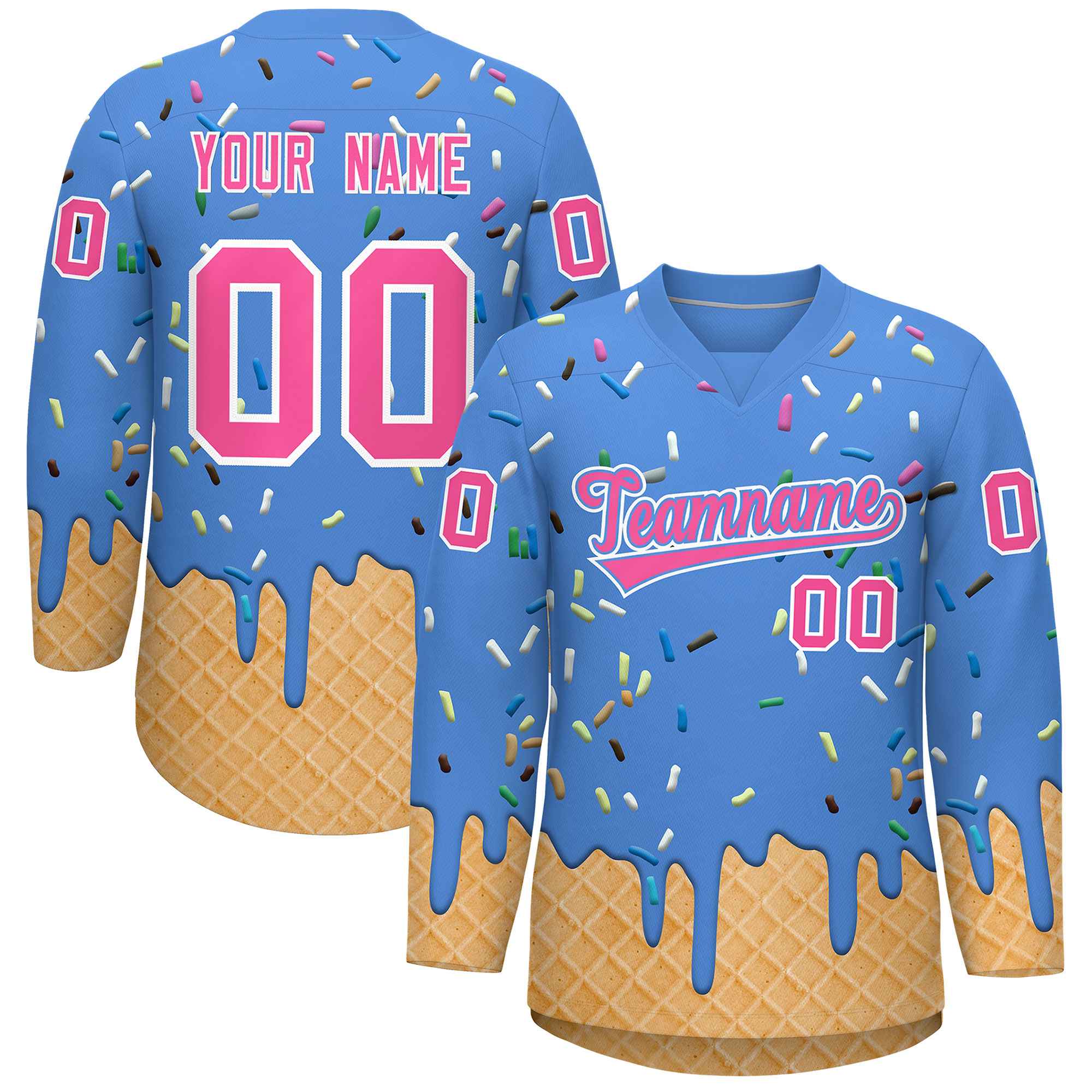 Custom Powder Blue Pink Ice Cream Pattern Personalized V-Neck Hockey Jersey Main image