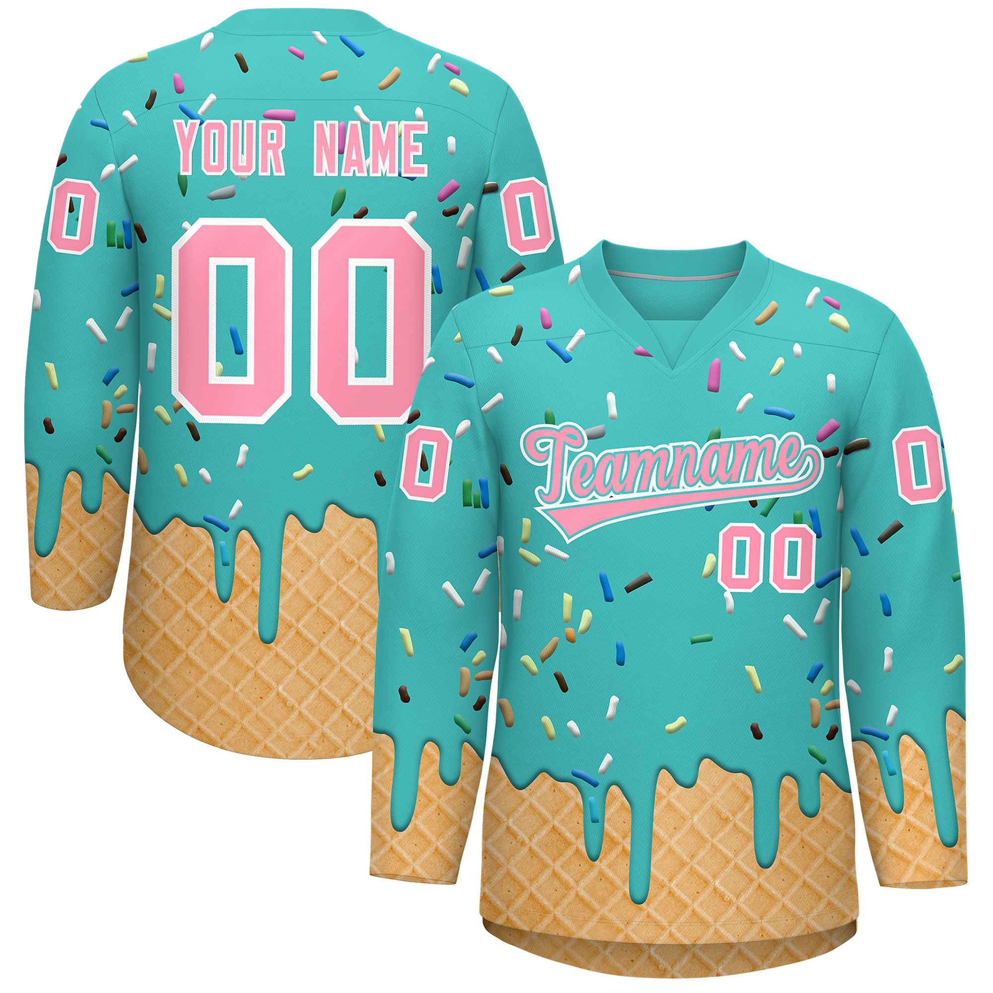 Custom Teal Light Pink Ice Cream Pattern Personalized V-Neck Hockey Jersey