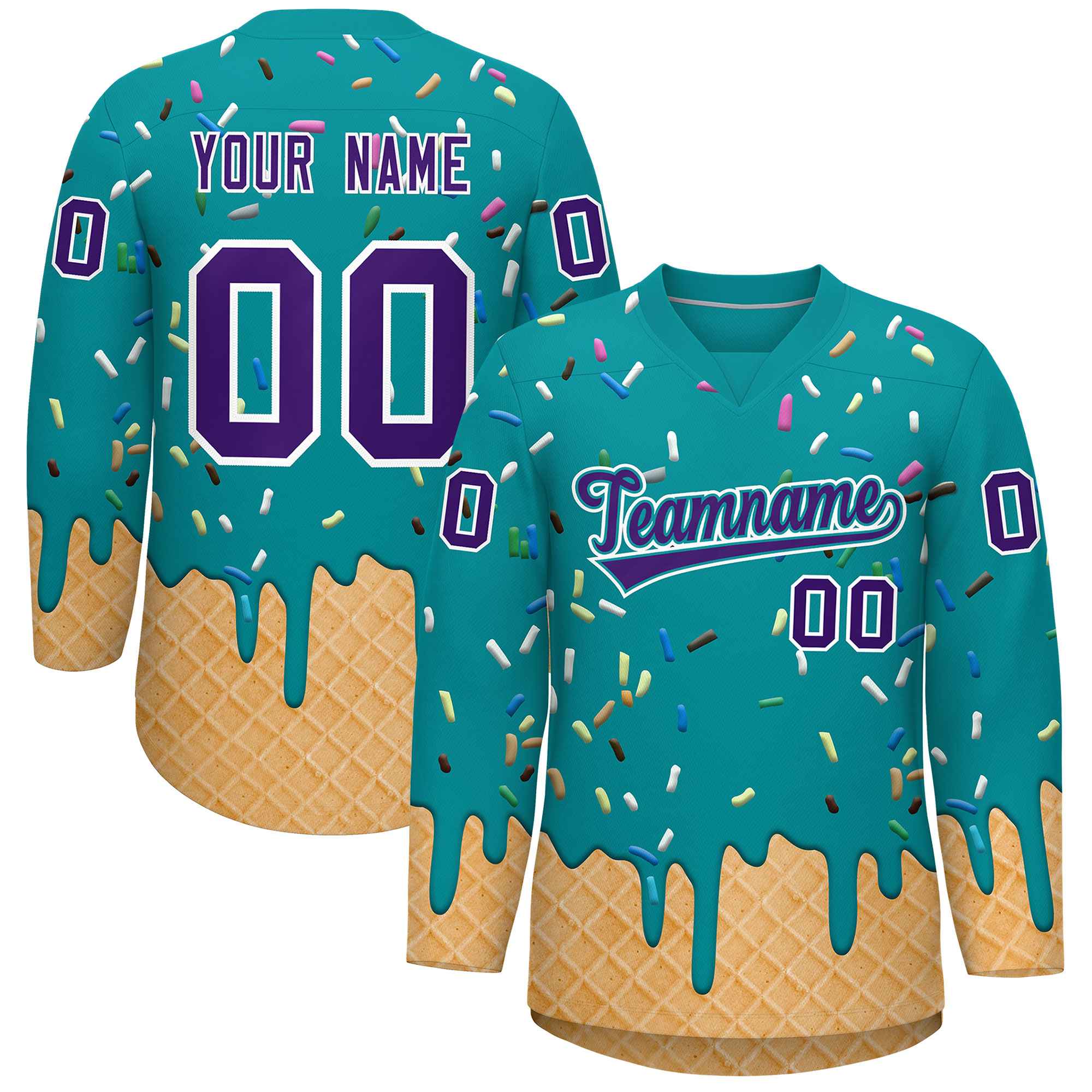 Custom Teal Purple Ice Cream Pattern Personalized V-Neck Hockey Jersey Main image