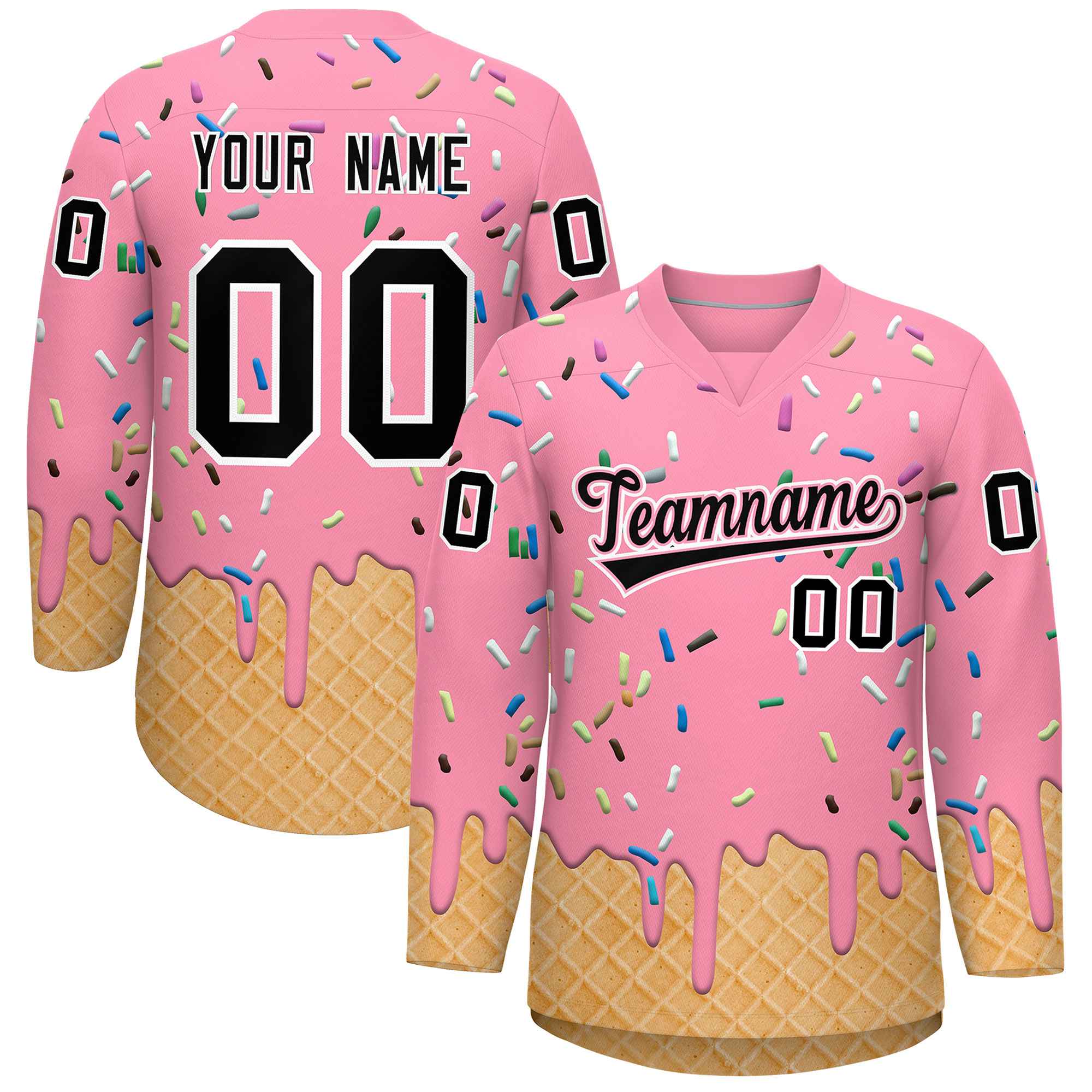 Custom Light Pink Black Ice Cream Pattern Personalized V-Neck Hockey Jersey Main image