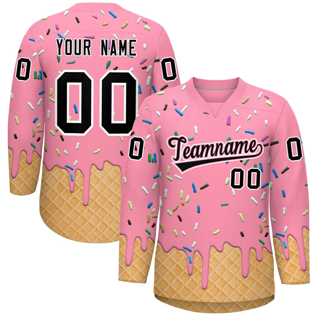 Custom Light Pink Black Ice Cream Pattern Personalized V-Neck Hockey Jersey