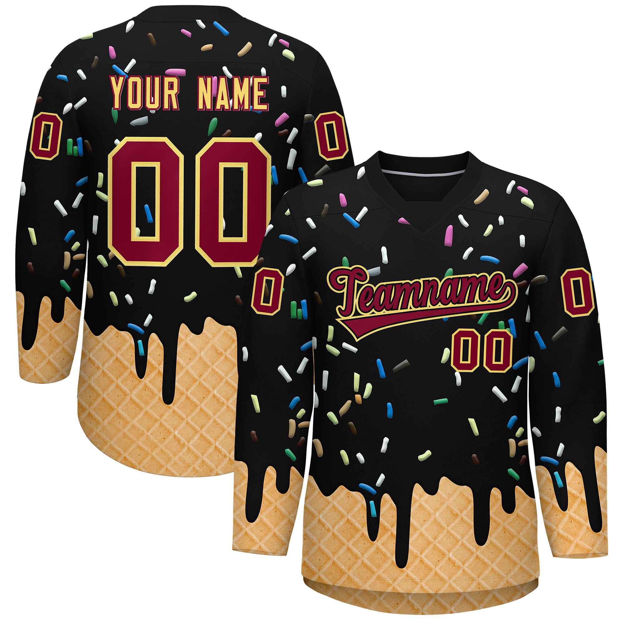 Custom Black Crimson Ice Cream Pattern Personalized V-Neck Hockey Jersey