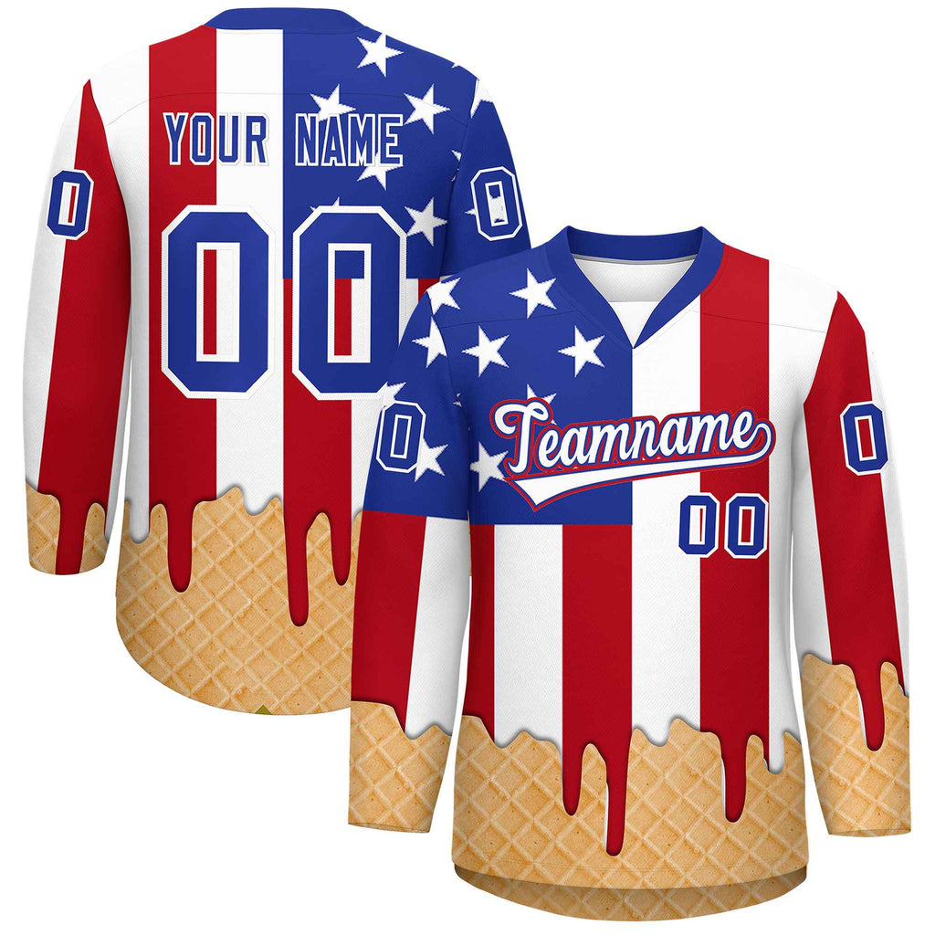 Custom American Flag White Ice Cream Pattern Personalized V-Neck Hockey Jersey
