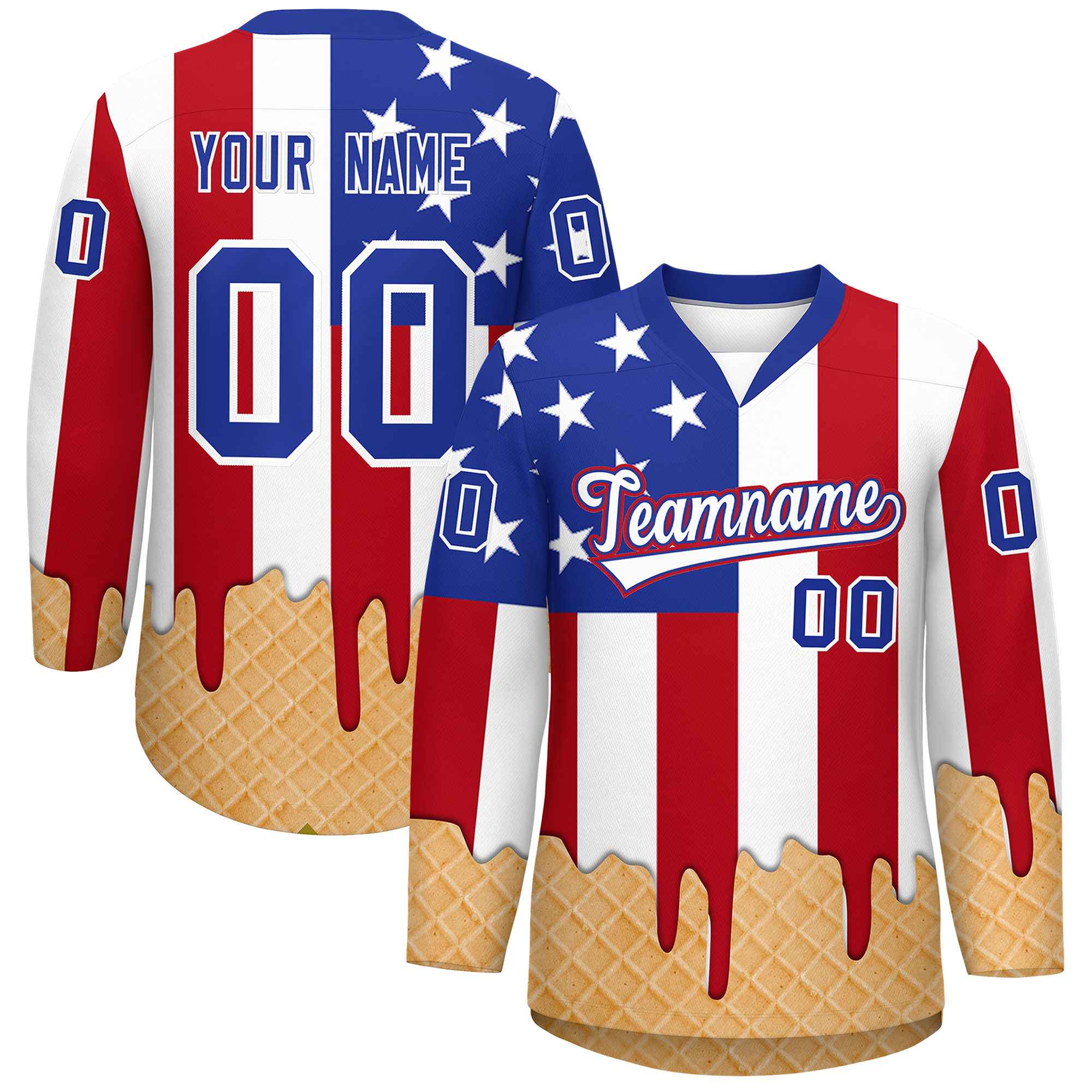 Custom American Flag White Ice Cream Pattern Personalized V-Neck Hockey Jersey