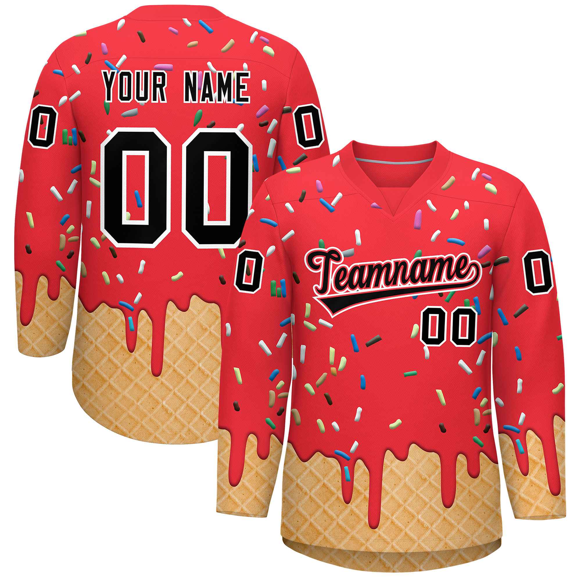 Custom Light Red Black Ice Cream Pattern Personalized V-Neck Hockey Jersey