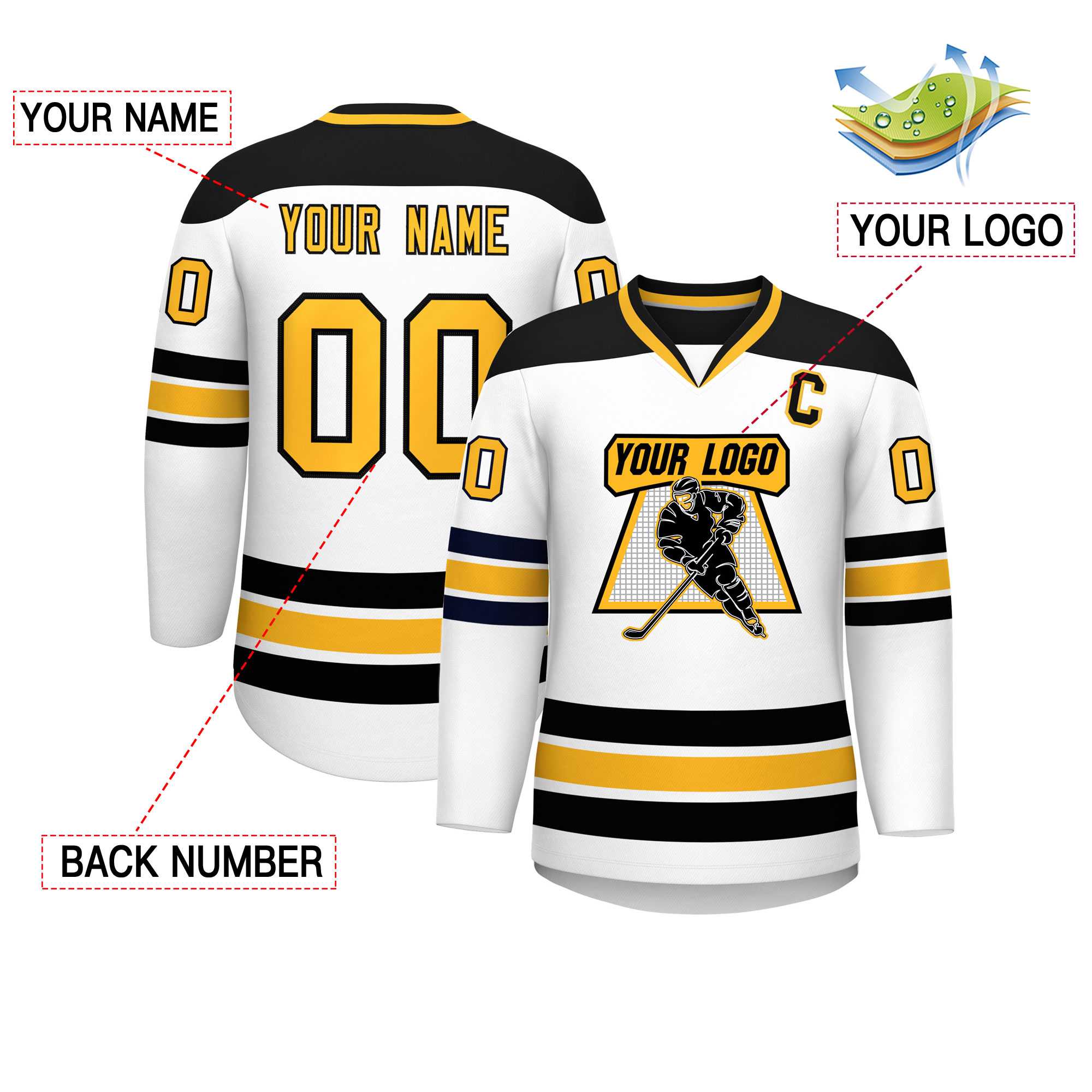 Custom White Black-Gold Personalized Classic V-Neck Hockey Jersey Secondary image