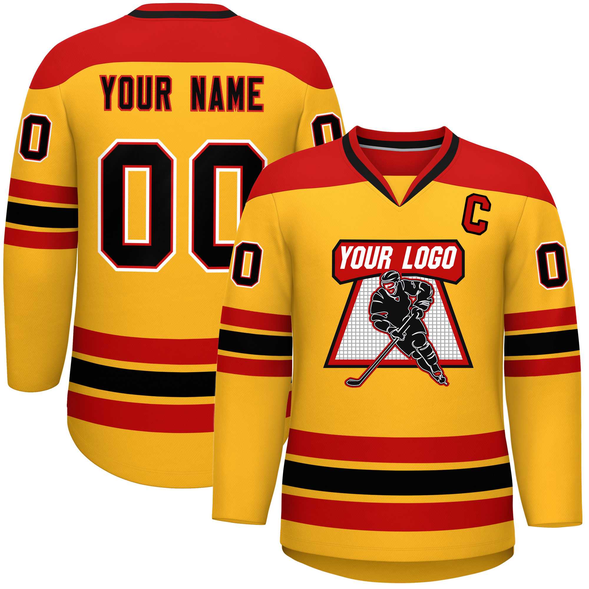 Custom Gold Red-Black Personalized Classic V-Neck Hockey Jersey Main image