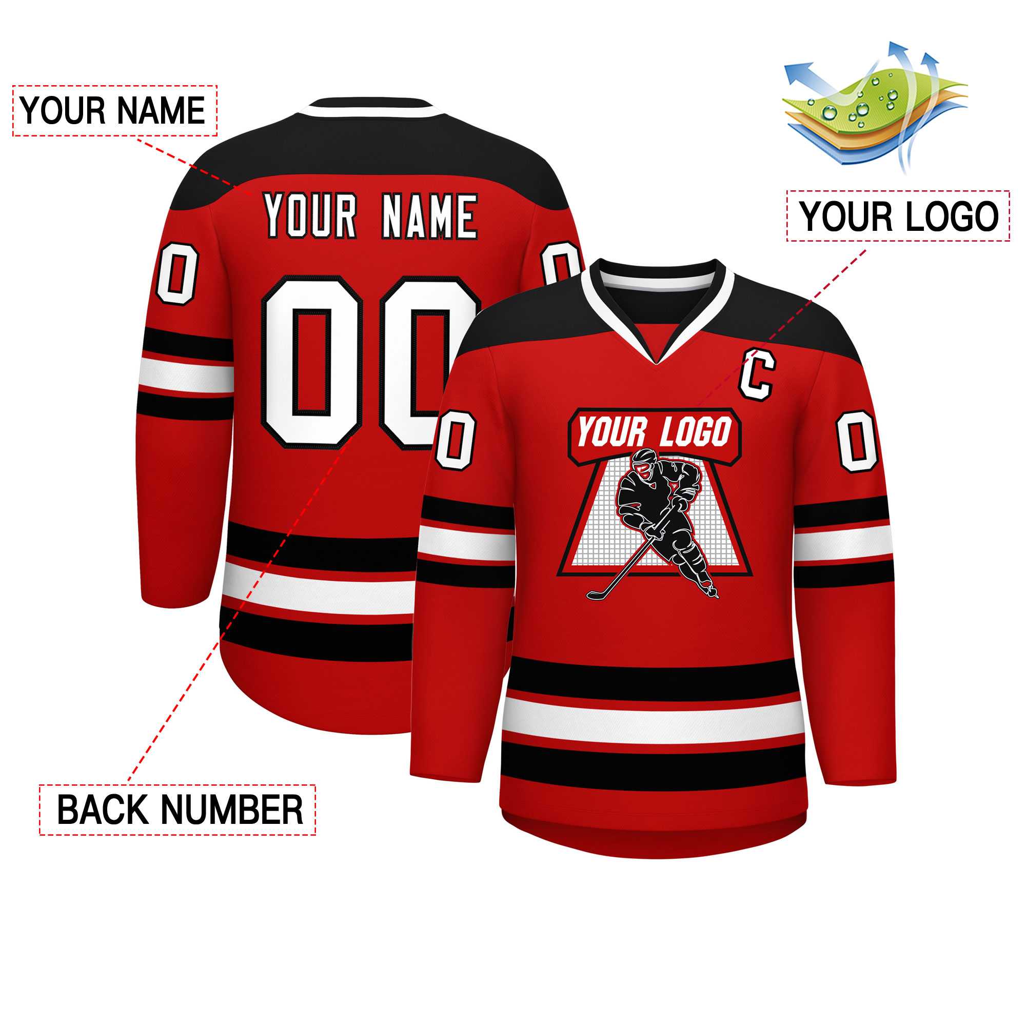 Custom Red Black-White Personalized Classic V-Neck Hockey Jersey Secondary image