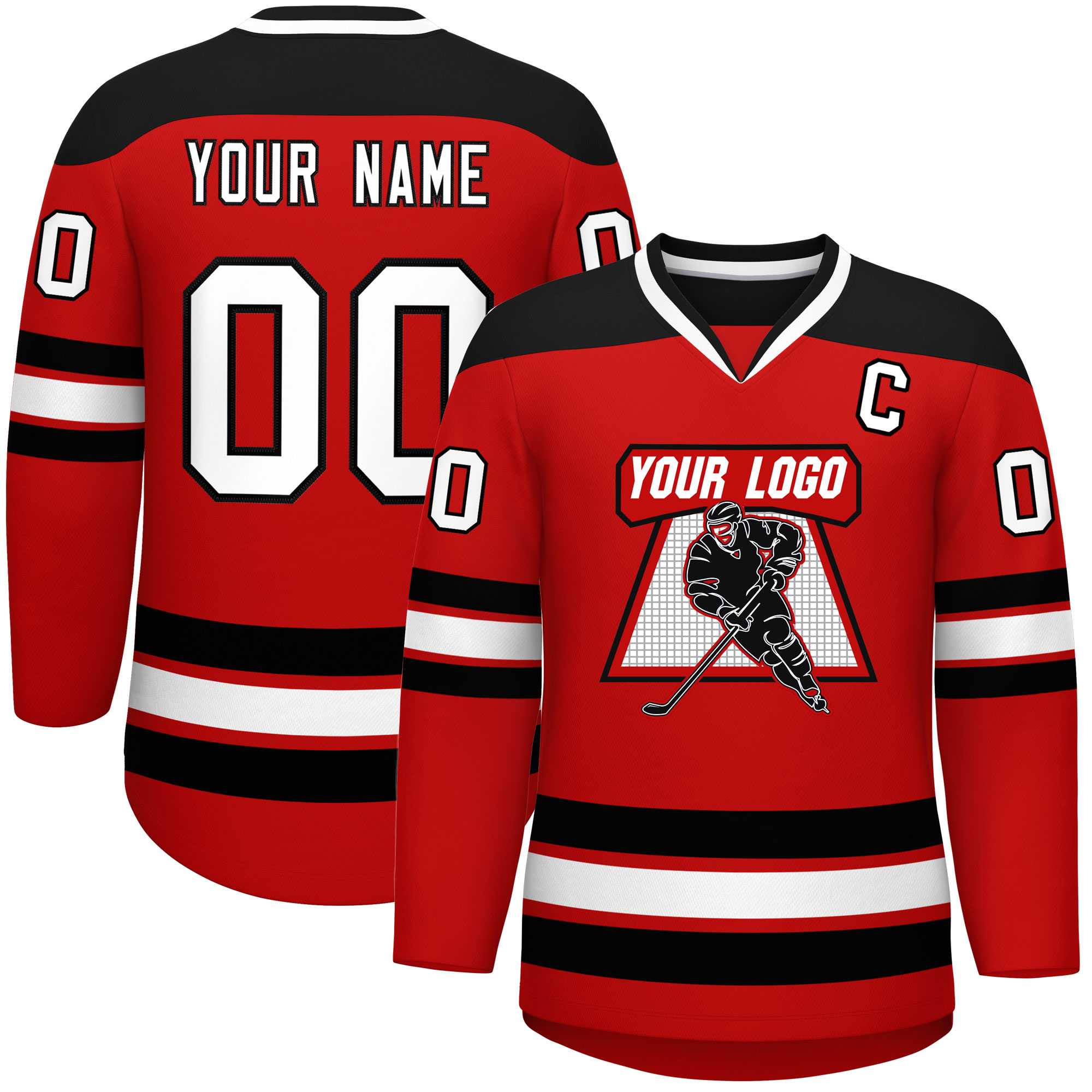 Custom Red Black-White Personalized Classic V-Neck Hockey Jersey Main image