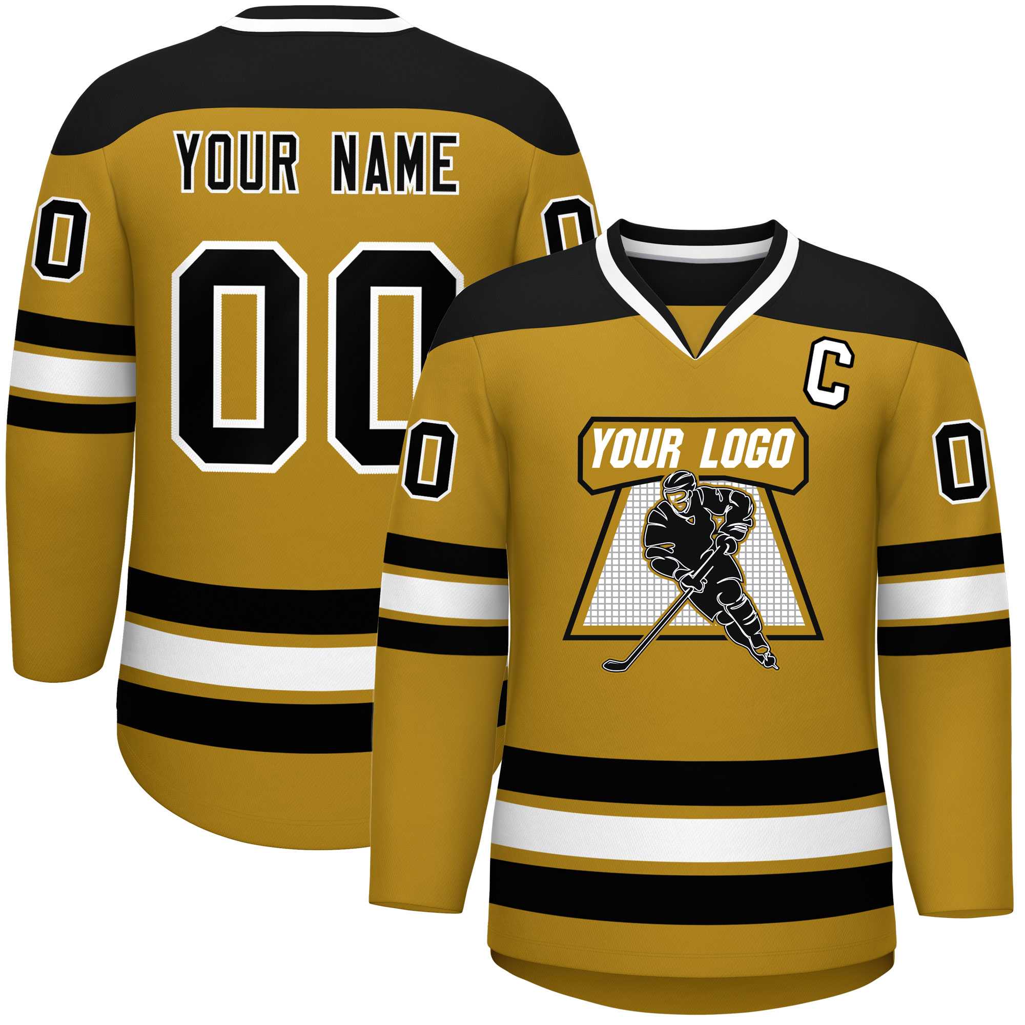 Custom Old Gold Black-White Personalized Classic V-Neck Hockey Jersey Main image