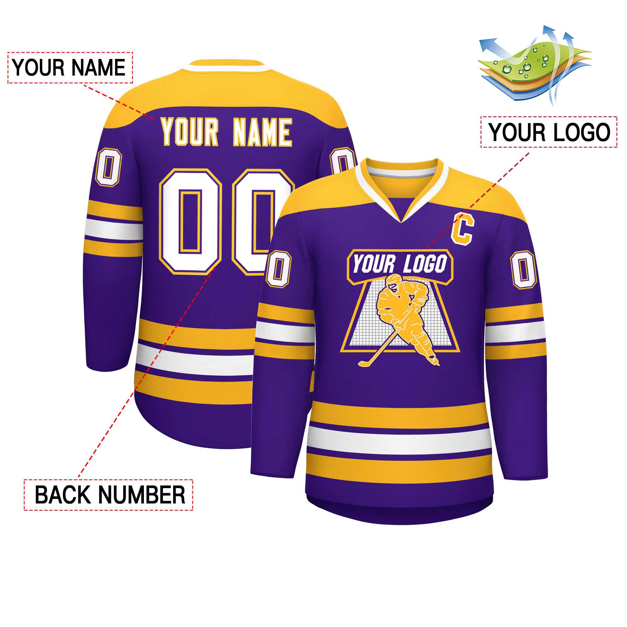 Custom Purple Gold-White Personalized Classic V-Neck Hockey Jersey Secondary image