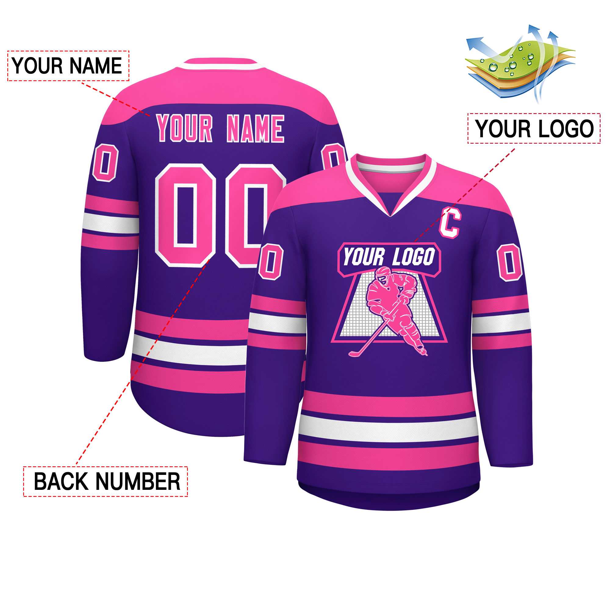 Custom Purple Pink-White Personalized Classic V-Neck Hockey Jersey Secondary image
