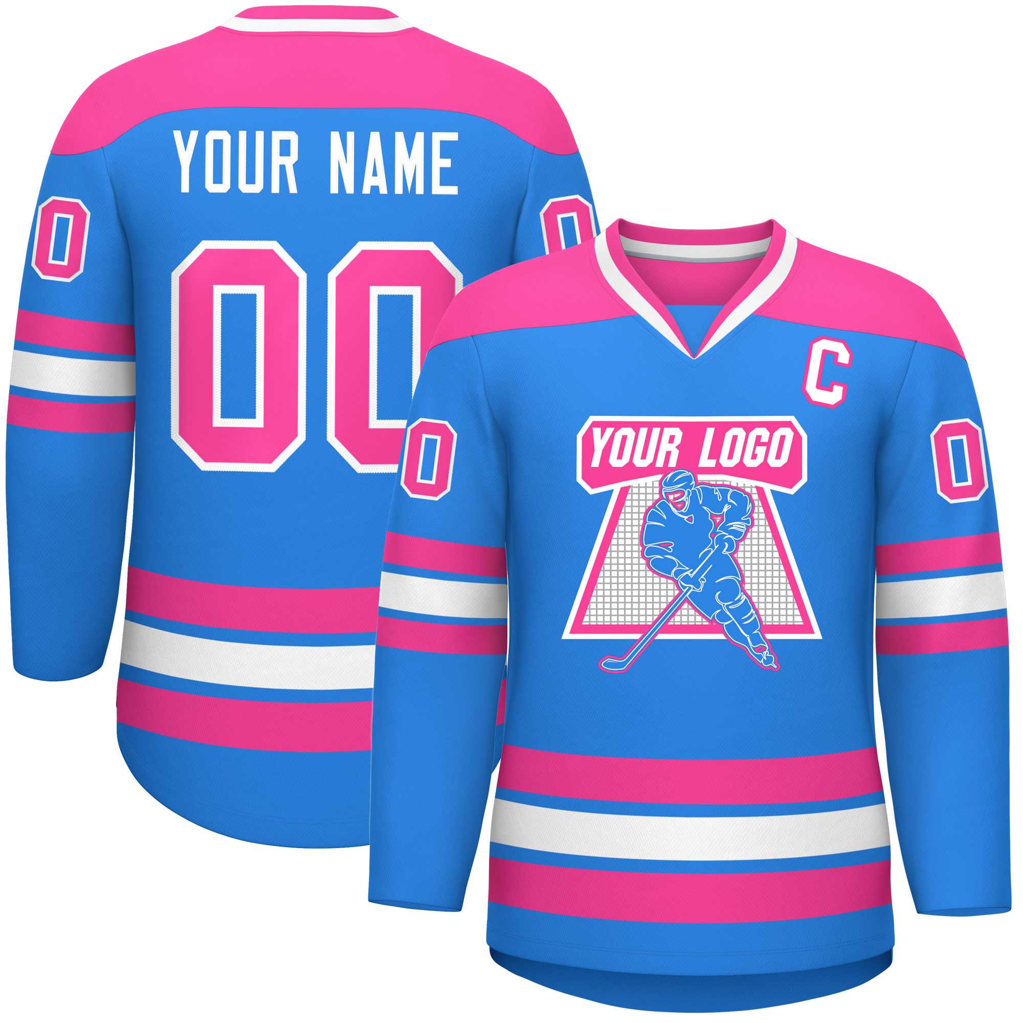 Custom Powder Blue Pink-White Personalized Classic V-Neck Hockey Jersey Main image