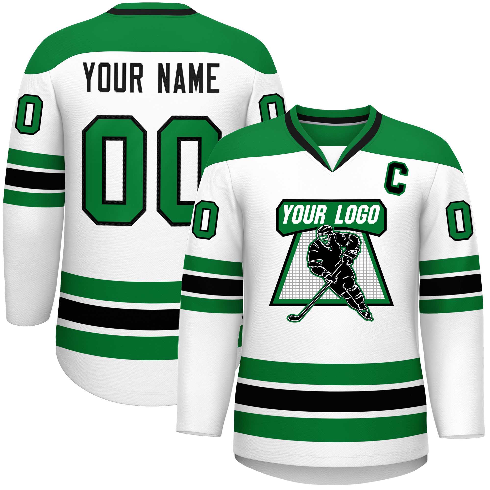 Custom White Kelly Green-Black Personalized Classic V-Neck Hockey Jersey Main image
