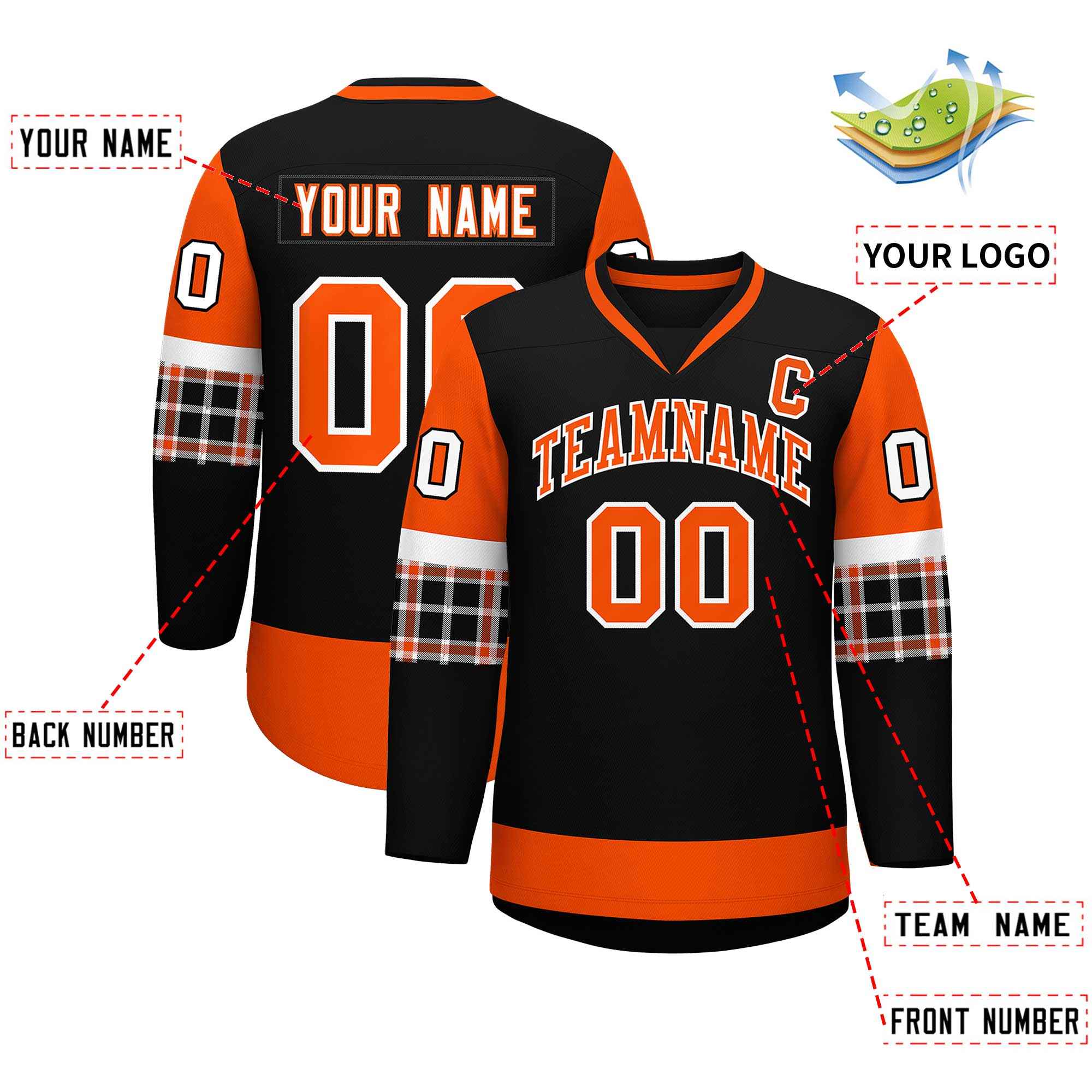 Custom Black Orange-White Personalized Raglan Sleeves V-Neck Hockey Jersey