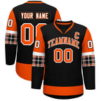 Custom Black Orange-White Personalized Raglan Sleeves V-Neck Hockey Jersey