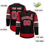 Custom Black Red-White Personalized Raglan Sleeves V-Neck Hockey Jersey
