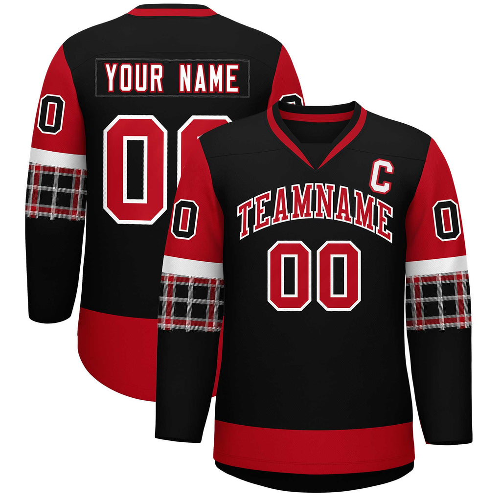 Custom Black Red-White Personalized Raglan Sleeves V-Neck Hockey Jersey