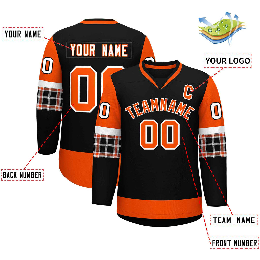 Custom Black Orange-White Personalized Raglan Sleeves V-Neck Hockey Jersey