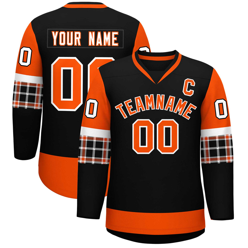 Custom Black Orange-White Personalized Raglan Sleeves V-Neck Hockey Jersey