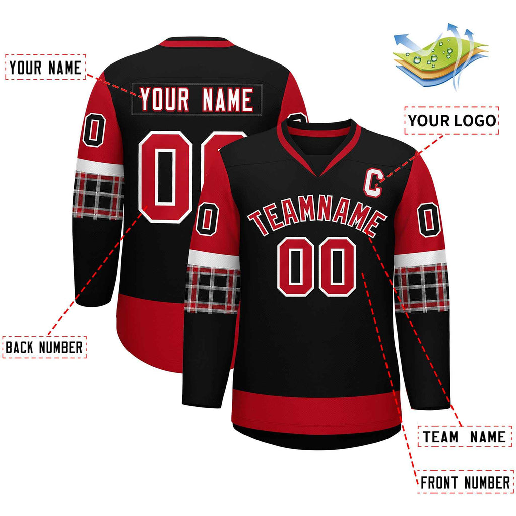 Custom Black Red-White Personalized Raglan Sleeves V-Neck Hockey Jersey