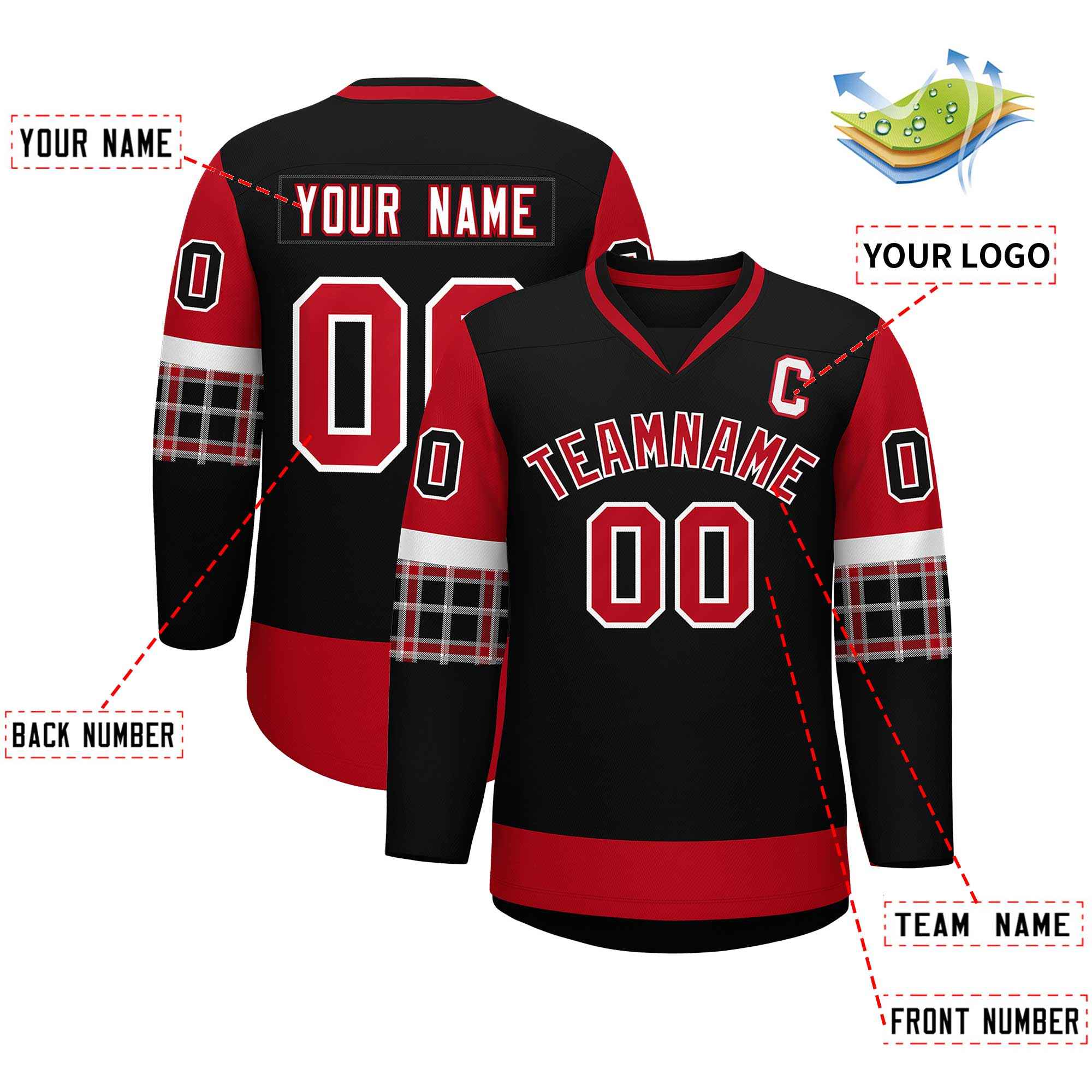 Custom Black Red-White Personalized Raglan Sleeves V-Neck Hockey Jersey
