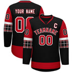 Custom Black Red-White Personalized Raglan Sleeves V-Neck Hockey Jersey