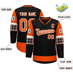 Custom Black Orange-White Personalized Raglan Sleeves V-Neck Hockey Jersey
