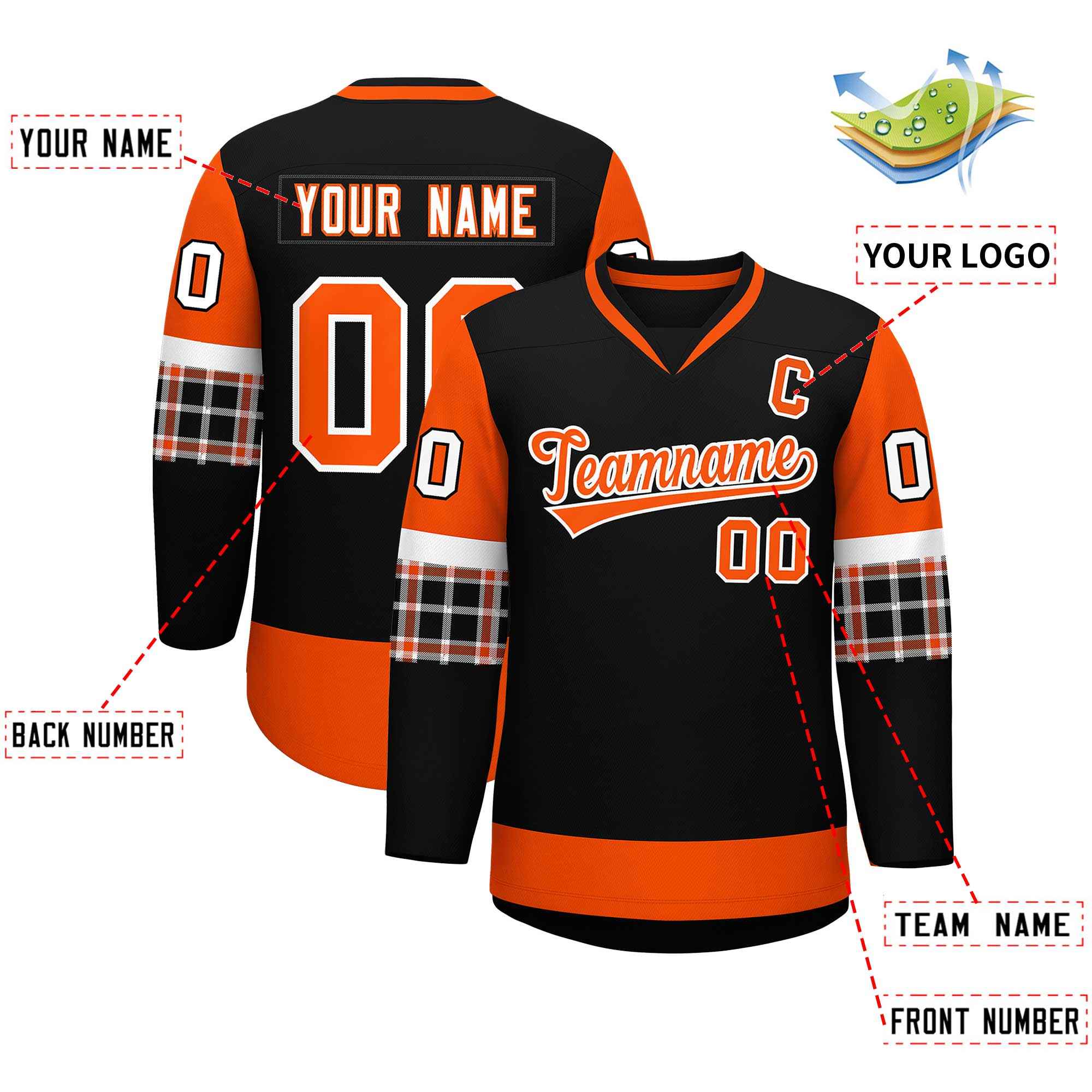 Custom Black Orange-White Personalized Raglan Sleeves V-Neck Hockey Jersey