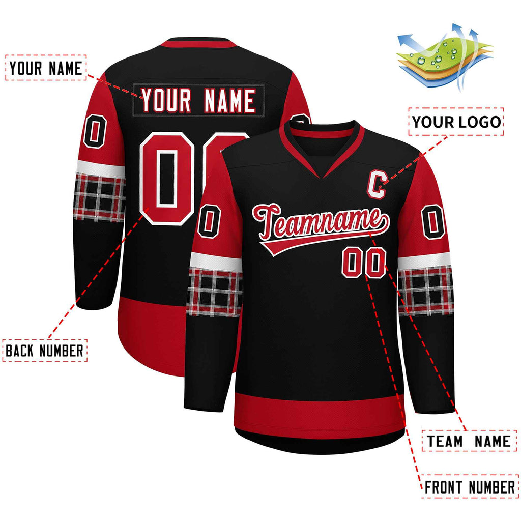 Custom Black Red-White Personalized Raglan Sleeves V-Neck Hockey Jersey