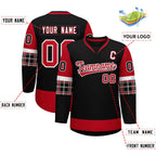 Custom Black Red-White Personalized Raglan Sleeves V-Neck Hockey Jersey